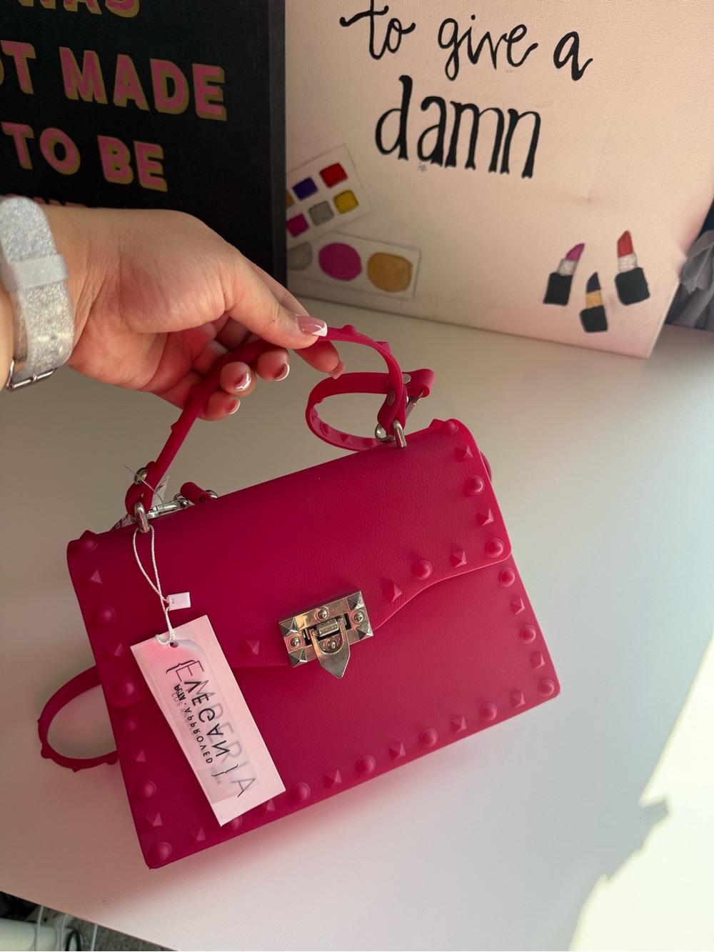 Hot Pink Stud-Trim Top Handle Bag